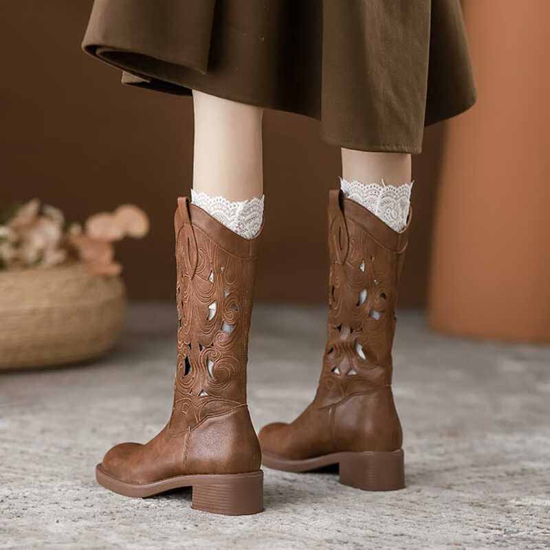 Embroidery On Leather - Mode Retro Elegante Bruine Cowboylaarzen voor