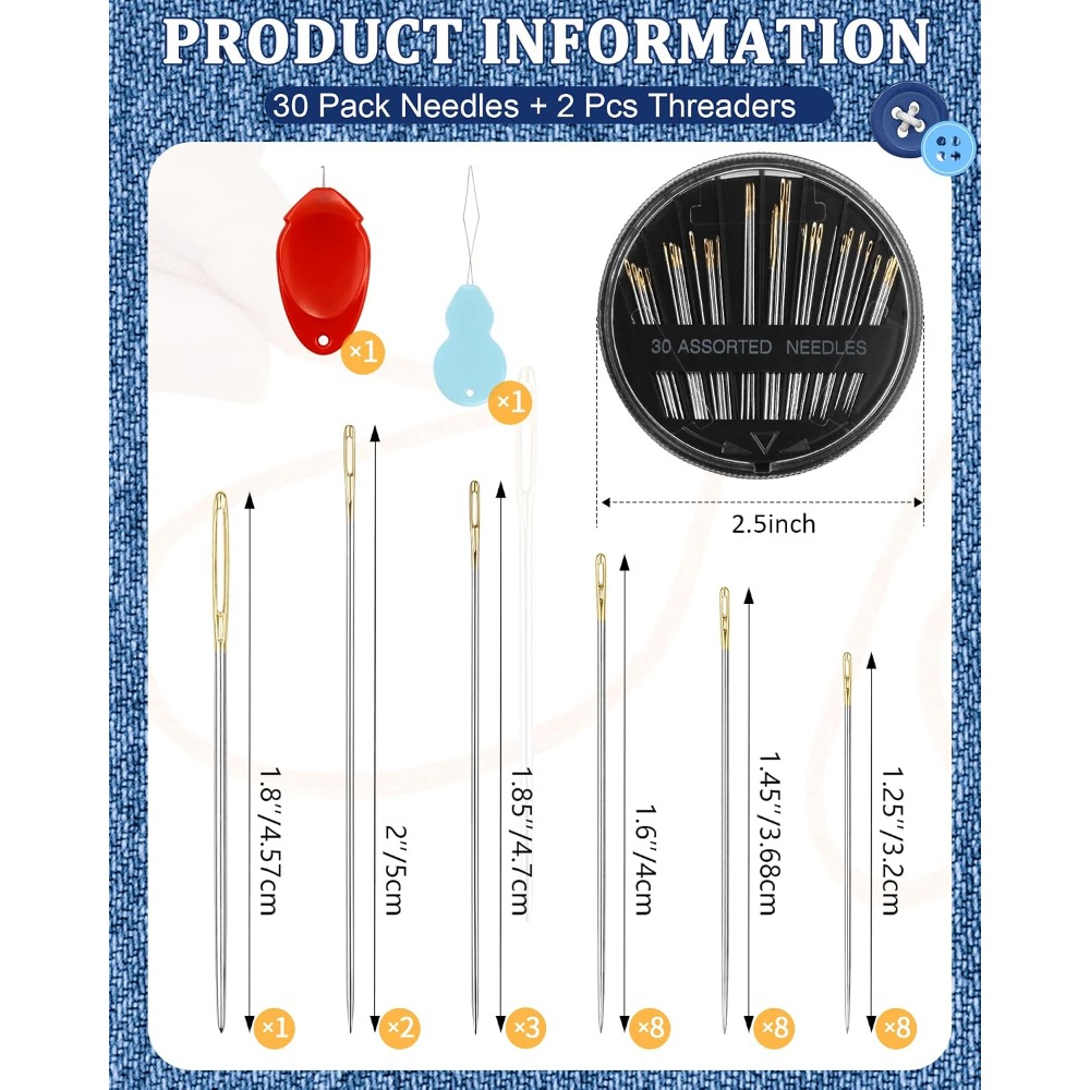 Embroidery And Quilting - 30-delige set stalen handnaalden, 6 maten,