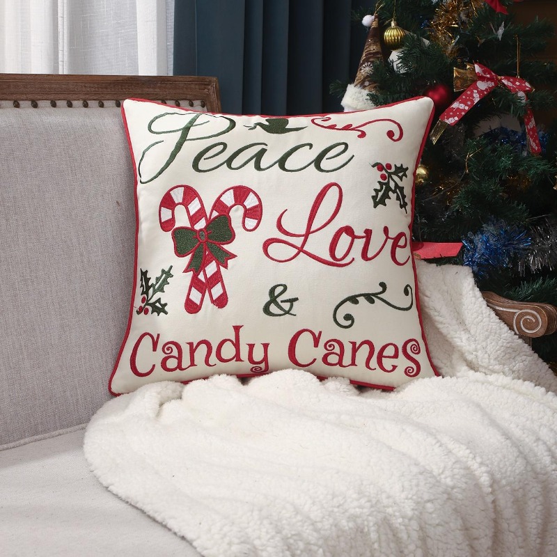 Embroidery Xmas Decorations - Kerst sierkussenhoes Vrede Liefde Snoepstokken Letterborduurwerk